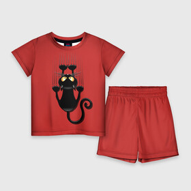 Детский костюм с шортами 3D с принтом Черный Кот в Кировске,  |  | black | cat | cats | кот | котенок | коты | кошка | кошки | красный | черная