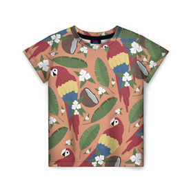 Детская футболка 3D с принтом Попугайчики в Кировске, 100% гипоаллергенный полиэфир | прямой крой, круглый вырез горловины, длина до линии бедер, чуть спущенное плечо, ткань немного тянется | джунгли | жара | кокосы | лето | отпуск | попугайчики | птицы | путушествия | цветы