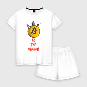 Женская пижама с шортиками хлопок с принтом To the moon! в Кировске, 100% хлопок | футболка прямого кроя, шорты свободные с широкой мягкой резинкой | Тематика изображения на принте: bitcoin | to the moon | биткоин | биток