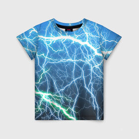 Детская футболка 3D с принтом РАЗРЯДЫ МОЛНИЙ в Кировске, 100% гипоаллергенный полиэфир | прямой крой, круглый вырез горловины, длина до линии бедер, чуть спущенное плечо, ткань немного тянется | blue | epic | green | lightning | rain | storm | stripes | texture | thunder | гроза | гром | дождь | зеленый | линии | молнии | молния | пафосные | полосы | разряды | синий | текстура | шторм | эпичные | яркие