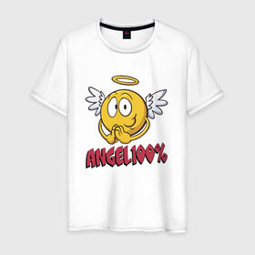Мужская футболка хлопок с принтом ANGEL 100% в Кировске, 100% хлопок | прямой крой, круглый вырез горловины, длина до линии бедер, слегка спущенное плечо. | 100 | angel | ангел | добрая | добрый | крылья | мем | мемас | мемасик | милый | надпись | нимб | процентов | смайл | смайлик | улыбка | эмоджи | эмодзи