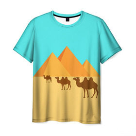 Мужская футболка 3D с принтом Пирамиды Египта в Кировске, 100% полиэфир | прямой крой, круглый вырез горловины, длина до линии бедер | верблюд | египет | жара | караван | пирамиды | пустыня
