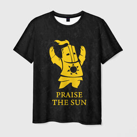 Мужская футболка 3D с принтом PRAISE THE SUN в Кировске, 100% полиэфир | прямой крой, круглый вырез горловины, длина до линии бедер | dark souls | game | gamer | knight | play | player | praise the sun | дарк соулс | доспехи | игры | надпись | рыцарь | темные души
