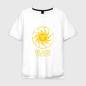 Мужская футболка хлопок Oversize с принтом PRAISE THE SUN в Кировске, 100% хлопок | свободный крой, круглый ворот, “спинка” длиннее передней части | dark souls | praise the sun | дарк соулс | темные души