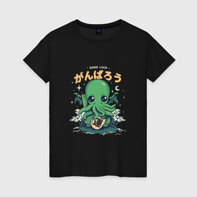 Женская футболка хлопок с принтом Ктулху в Кировске, 100% хлопок | прямой крой, круглый вырез горловины, длина до линии бедер, слегка спущенное плечо | octopus | ктулху | лавкрафт | осьминог