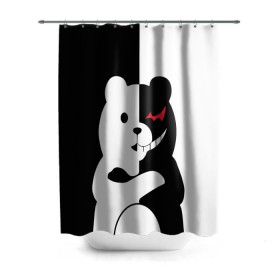 Штора 3D для ванной с принтом MONOKUMA в Кировске, 100% полиэстер | плотность материала — 100 г/м2. Стандартный размер — 146 см х 180 см. По верхнему краю — пластиковые люверсы для креплений. В комплекте 10 пластиковых колец | anime | bear | black  white | minomi | monokuma | pink | rabbit | school | аниме | главарь | миноми | монокума | черно белый | школа