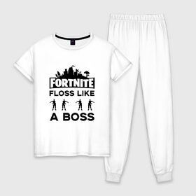 Женская пижама хлопок с принтом Floss like a boss в Кировске, 100% хлопок | брюки и футболка прямого кроя, без карманов, на брюках мягкая резинка на поясе и по низу штанин | dance | floss like a boss | fortnite | swag | thebackpackkid | танец