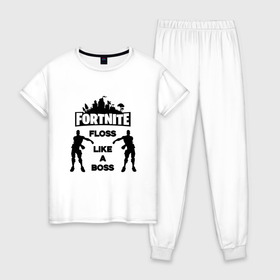 Женская пижама хлопок с принтом Floss like a boss в Кировске, 100% хлопок | брюки и футболка прямого кроя, без карманов, на брюках мягкая резинка на поясе и по низу штанин | dance | floss like a boss | fortnite | swag | танец