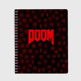 Тетрадь с принтом DOOM в Кировске, 100% бумага | 48 листов, плотность листов — 60 г/м2, плотность картонной обложки — 250 г/м2. Листы скреплены сбоку удобной пружинной спиралью. Уголки страниц и обложки скругленные. Цвет линий — светло-серый
 | Тематика изображения на принте: devil | doom | hell | mark of the doom slayer | slayer | ад | гарнил | дум | знаки | иероглифы | компьютерные игры 2019 | преисподняя | символ | солдат