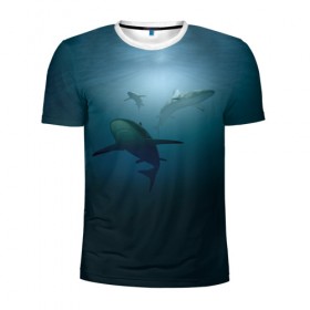 Мужская футболка 3D спортивная с принтом Акулы в Кировске, 100% полиэстер с улучшенными характеристиками | приталенный силуэт, круглая горловина, широкие плечи, сужается к линии бедра | море | океан | подводный мир | рыба | хищник