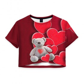 Женская футболка 3D укороченная с принтом Мишка с сердечками в Кировске, 100% полиэстер | круглая горловина, длина футболки до линии талии, рукава с отворотами | девушкам | игрушка | любовь | медведь | мишка | плюшевый | сердечко | сердце