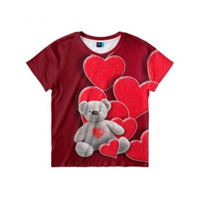 Детская футболка 3D с принтом Мишка с сердечками в Кировске, 100% гипоаллергенный полиэфир | прямой крой, круглый вырез горловины, длина до линии бедер, чуть спущенное плечо, ткань немного тянется | девушкам | игрушка | любовь | медведь | мишка | плюшевый | сердечко | сердце