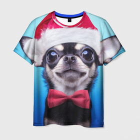 Мужская футболка 3D с принтом рождество в Кировске, 100% полиэфир | прямой крой, круглый вырез горловины, длина до линии бедер | Тематика изображения на принте: dog | happy new year | бантик | взгляд | глаза | новый год | пинчер | праздник | санта клаус | собака | той терьер