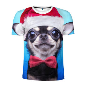 Мужская футболка 3D спортивная с принтом рождество в Кировске, 100% полиэстер с улучшенными характеристиками | приталенный силуэт, круглая горловина, широкие плечи, сужается к линии бедра | Тематика изображения на принте: dog | happy new year | бантик | взгляд | глаза | новый год | пинчер | праздник | санта клаус | собака | той терьер