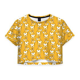 Женская футболка 3D укороченная с принтом Корги Паттерн в Кировске, 100% полиэстер | круглая горловина, длина футболки до линии талии, рукава с отворотами | друг человека | мимими | оранжевый | пес | попка | собака
