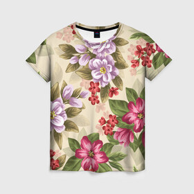 Женская футболка 3D с принтом Цветы в Кировске, 100% полиэфир ( синтетическое хлопкоподобное полотно) | прямой крой, круглый вырез горловины, длина до линии бедер | букет | георгин | гладиолус | нежный | пастель | роза | ромашка