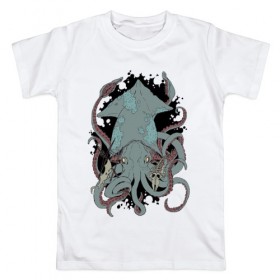 Мужская футболка хлопок с принтом Kraken в Кировске, 100% хлопок | прямой крой, круглый вырез горловины, длина до линии бедер, слегка спущенное плечо. | kraken | octopus | кальмар | кракен | осьминог