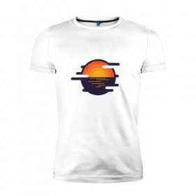 Мужская футболка премиум с принтом Морской закат в Кировске, 92% хлопок, 8% лайкра | приталенный силуэт, круглый вырез ворота, длина до линии бедра, короткий рукав | волны | восход | геометрия | закат | минимализм | море | отражение | солнце
