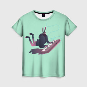 Женская футболка 3D с принтом Зайка пианист в Кировске, 100% полиэфир ( синтетическое хлопкоподобное полотно) | прямой крой, круглый вырез горловины, длина до линии бедер | арт | животные | заяц | клавиши | кролик | музыка | ноты | пианино | синтезатор | ушки