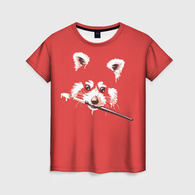 Женская футболка 3D с принтом Красная панда в Кировске, 100% полиэфир ( синтетическое хлопкоподобное полотно) | прямой крой, круглый вырез горловины, длина до линии бедер | енот | кисть | лиса | малая панда | художник