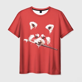 Мужская футболка 3D с принтом Красная панда в Кировске, 100% полиэфир | прямой крой, круглый вырез горловины, длина до линии бедер | Тематика изображения на принте: енот | кисть | лиса | малая панда | художник