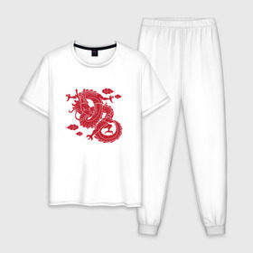 Мужская пижама хлопок с принтом Красный дракон в Кировске, 100% хлопок | брюки и футболка прямого кроя, без карманов, на брюках мягкая резинка на поясе и по низу штанин
 | дракон | красный | подарок