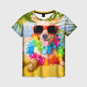 Женская футболка 3D с принтом пляж в Кировске, 100% полиэфир ( синтетическое хлопкоподобное полотно) | прямой крой, круглый вырез горловины, длина до линии бедер | sea | гавайи | лето | море | океан | отдых | очки | пляж | собака | той терьер