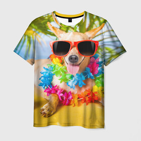 Мужская футболка 3D с принтом пляж в Кировске, 100% полиэфир | прямой крой, круглый вырез горловины, длина до линии бедер | Тематика изображения на принте: sea | гавайи | лето | море | океан | отдых | очки | пляж | собака | той терьер