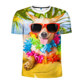 Мужская футболка 3D спортивная с принтом пляж в Кировске, 100% полиэстер с улучшенными характеристиками | приталенный силуэт, круглая горловина, широкие плечи, сужается к линии бедра | Тематика изображения на принте: sea | гавайи | лето | море | океан | отдых | очки | пляж | собака | той терьер