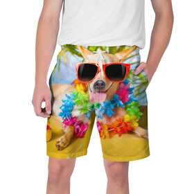 Мужские шорты 3D с принтом пляж в Кировске,  полиэстер 100% | прямой крой, два кармана без застежек по бокам. Мягкая трикотажная резинка на поясе, внутри которой широкие завязки. Длина чуть выше колен | sea | гавайи | лето | море | океан | отдых | очки | пляж | собака | той терьер