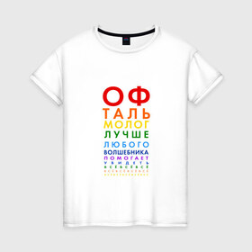 Женская футболка хлопок с принтом офтальмолог в Кировске, 100% хлопок | прямой крой, круглый вырез горловины, длина до линии бедер, слегка спущенное плечо | глазной врач | окулист | офтальмолог | офтальмология