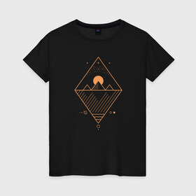 Женская футболка хлопок с принтом Осирис в Кировске, 100% хлопок | прямой крой, круглый вырез горловины, длина до линии бедер, слегка спущенное плечо | line art | вода | геометрия | горы | звезда. созвездие | линии | луна | минимализм | ночь | осирис | пирамиды | планеты | солнце | тень