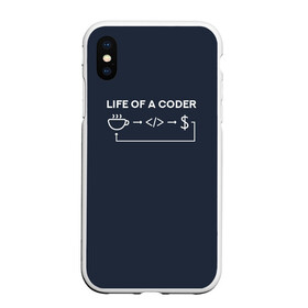 Чехол для iPhone XS Max матовый с принтом Life of a coder в Кировске, Силикон | Область печати: задняя сторона чехла, без боковых панелей | Тематика изображения на принте: coder | деньги | доллары | жизнь | код | кофе | программист | тыжпрограммист | цикл | язык