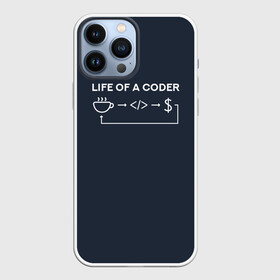 Чехол для iPhone 13 Pro Max с принтом Life of a coder в Кировске,  |  | Тематика изображения на принте: coder | деньги | доллары | жизнь | код | кофе | программист | тыжпрограммист | цикл | язык