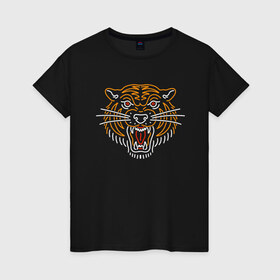 Женская футболка хлопок с принтом Тигр в Кировске, 100% хлопок | прямой крой, круглый вырез горловины, длина до линии бедер, слегка спущенное плечо | line | голова | животное | линии | минимализм | тигр | хищник