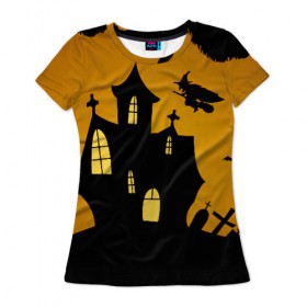 Женская футболка 3D с принтом Страшный домик в Кировске, 100% полиэфир ( синтетическое хлопкоподобное полотно) | прямой крой, круглый вырез горловины, длина до линии бедер | halloween | ведьма | замок | кладбище | кресты | луна | могилы | мышь | надгробья | ночь | призрак | страшно | хэллоуин