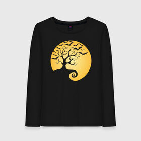 Женский лонгслив хлопок с принтом Дерево на фоне луны в Кировске, 100% хлопок |  | halloween | дерево | луна | мыши | ночь | страшно | хэллоуин