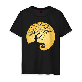 Мужская футболка хлопок с принтом Дерево на фоне луны в Кировске, 100% хлопок | прямой крой, круглый вырез горловины, длина до линии бедер, слегка спущенное плечо. | halloween | дерево | луна | мыши | ночь | страшно | хэллоуин