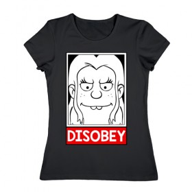 Женская футболка хлопок с принтом Disobey в Кировске, 100% хлопок | прямой крой, круглый вырез горловины, длина до линии бедер, слегка спущенное плечо | disenchantment | elfo | мэтт гроунинг | разочарование | тролль | элфо | эльф