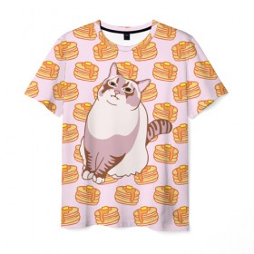 Мужская футболка 3D с принтом Блины в Кировске, 100% полиэфир | прямой крой, круглый вырез горловины, длина до линии бедер | cat | fat | internet | meme | pancakes | блины | интернет | кот | лупс | мем
