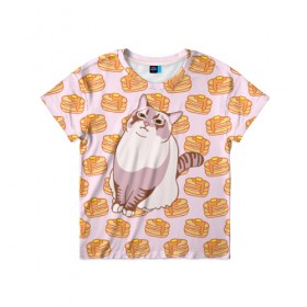 Детская футболка 3D с принтом Блины в Кировске, 100% гипоаллергенный полиэфир | прямой крой, круглый вырез горловины, длина до линии бедер, чуть спущенное плечо, ткань немного тянется | cat | fat | internet | meme | pancakes | блины | интернет | кот | лупс | мем