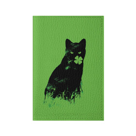 Обложка для паспорта матовая кожа с принтом Кот и Клевер в Кировске, натуральная матовая кожа | размер 19,3 х 13,7 см; прозрачные пластиковые крепления | Тематика изображения на принте: cat | clover | ireland | patric saint day | день святого патрика | ирландия | клевер | кот | кошка | черная кошка