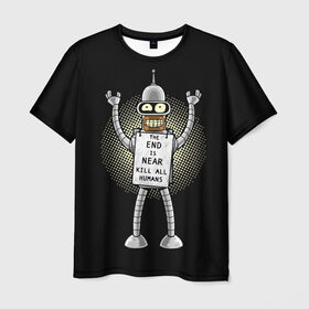 Мужская футболка 3D с принтом Kill All Humans в Кировске, 100% полиэфир | прямой крой, круглый вырез горловины, длина до линии бедер | Тематика изображения на принте: all | bender | futurama | humans | kill | бендер | близок | всех | конец | людей | футурама