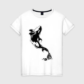 Женская футболка хлопок с принтом Чернильный дельфин в Кировске, 100% хлопок | прямой крой, круглый вырез горловины, длина до линии бедер, слегка спущенное плечо | блики | брызги | дельфин. животное. клякса | касатка | минимализм | пятно | чернила