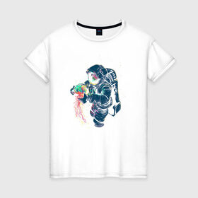 Женская футболка хлопок с принтом Космическая медуза в Кировске, 100% хлопок | прямой крой, круглый вырез горловины, длина до линии бедер, слегка спущенное плечо | астронавт | космонавт | космос | краски | медуза | невесомость | свет. отражение. тело | скафандр | фантастика | цвета | чудеса