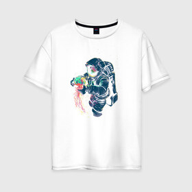 Женская футболка хлопок Oversize с принтом Космическая медуза в Кировске, 100% хлопок | свободный крой, круглый ворот, спущенный рукав, длина до линии бедер
 | астронавт | космонавт | космос | краски | медуза | невесомость | свет. отражение. тело | скафандр | фантастика | цвета | чудеса