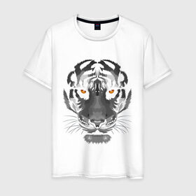 Мужская футболка хлопок с принтом Белый тигр в Кировске, 100% хлопок | прямой крой, круглый вырез горловины, длина до линии бедер, слегка спущенное плечо. | белый | голова | лицо | портрет | тигр | хищник | шерсть