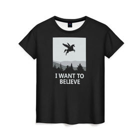 Женская футболка 3D с принтом I Want to Believe в Кировске, 100% полиэфир ( синтетическое хлопкоподобное полотно) | прямой крой, круглый вырез горловины, длина до линии бедер | magic | unicorn | верить | единорог | лес | магия