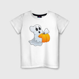 Детская футболка хлопок с принтом Привидение с тыквой в Кировске, 100% хлопок | круглый вырез горловины, полуприлегающий силуэт, длина до линии бедер | halloween | тыква | хэллоуин