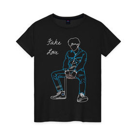 Женская футболка хлопок с принтом Fake love (BTS) в Кировске, 100% хлопок | прямой крой, круглый вырез горловины, длина до линии бедер, слегка спущенное плечо | k pop | корея | линии | музыка | неон
